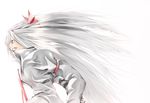  arm_strap bad_id bad_pixiv_id bow clenched_teeth from_side fujiwara_no_mokou hair_bow long_hair long_sleeves looking_away popped_collar profile shihara_yoshihito shirt silver_hair solo suspenders teeth touhou white white_shirt 