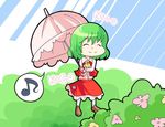  ^_^ ascot bad_id bad_pixiv_id chibi closed_eyes comic eighth_note flower green_hair happy jpeg_artifacts kazami_yuuka kuzugitsune_(inarikami) light_rays musical_note parasol romaji short_hair silent_comic skirt skirt_set smile solo speech_bubble spoken_musical_note sunbeam sunlight touhou umbrella vest 