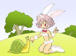  animal_ears bi-nyo blush bunny_ears bunny_feet bunny_tail finger_sucking outdoors outside pukao red_eyes smile snail sucking_finger tail 