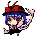  blue_hair chibi hat nagae_iku pac-man_eyes red_eyes ribbon saturday_night_fever short_hair simple_background socha solo touhou 