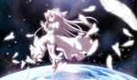  bow dress feathers gloves goddess hair_bow hair_ribbon izumi_bell kaname_madoka light_particles long_hair magical_girl mahou_shoujo_madoka_magica pink_hair ribbon solo space spoilers thighhighs two_side_up ultimate_madoka wings yellow_eyes zettai_ryouiki 