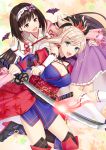  2girls :d bat black_hair blue_eyes breasts carrying_over_shoulder cleavage commentary_request fate/grand_order fate_(series) hairband japanese_clothes katana kimono large_breasts long_hair magatama_necklace miyamoto_musashi_(fate/grand_order) multiple_girls open_mouth osakabe-hime_(fate/grand_order) pink_hair purple_eyes purple_skirt skirt smile sword thighhighs twintails very_long_hair weapon 