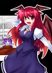  :&lt; :d arm_behind_head arm_garter bad_id bad_pixiv_id bat_wings black_skirt book bookshelf breasts chibi crescent dress_shirt hat head_wings koakuma long_hair long_skirt medium_breasts multiple_girls necktie open_mouth patchouli_knowledge pen purple_eyes purple_hair red_eyes red_hair shirt skirt smile touhou vest wings yanagi_ryou 