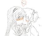  akemi_homura blush cheek_kiss closed_eyes hairband kaname_madoka kiss long_hair mahou_shoujo_madoka_magica meeko monochrome multiple_girls short_hair twintails yuri 