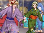  1girl blonde_hair flower green_eyes hair_ornament hairclip huang_baoling ivan_karelin japanese_clothes kimono kotobuki_jun mask purple_eyes short_hair tiger_&amp;_bunny yukata 