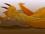  acroth anthro balls biceps black_horns bottomless clothed clothing dragon erection gold grin half-dressed handsome horn looking_at_viewer male nude penis pose reptile scalie seductive slash0x smile solo wings yellow_dragon 