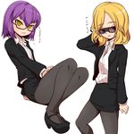  black_skirt blonde_hair blue_eyes business_suit crossdressing formal glasses hayabusa_hideki inazuma_eleven inazuma_eleven_(series) inazuma_eleven_go jacket miniskirt multiple_boys nishinosora_yoichi omiya_(louise-louis-lucille) otoko_no_ko pantyhose pencil_skirt purple_hair short_hair skirt skirt_suit suit sunglasses translated 