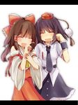  ^_^ ame_(candycircle) ascot black_hair bow brown_hair closed_eyes detached_sleeves dress_shirt hair_bow hair_tubes hakurei_reimu hat laughing long_hair multiple_girls necktie open_mouth shameimaru_aya shirt short_hair tokin_hat touhou wrist_cuffs 