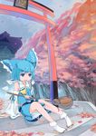  autumn bad_id bad_pixiv_id bobby_socks broom cirno cosplay detached_sleeves hakurei_reimu hakurei_reimu_(cosplay) kokono_(sakaebaka) leaf shrine sitting sitting_on_stairs socks solo stairs torii touhou 