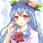  bad_id bad_pixiv_id blue_hair blush bow english face food fruit hat hinanawi_tenshi kantoku_(style) leaf long_hair lowres momoko_(momopoco) open_mouth peach red_eyes smile solo touhou upper_body 