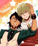  barnaby_brooks_jr blonde_hair brown_eyes brown_hair chika_zeroichi eyelashes facial_hair glasses green_eyes hair_tousle jacket jewelry kaburagi_t_kotetsu male_focus multiple_boys necklace necktie red_jacket stubble tiger_&amp;_bunny vest waistcoat 