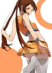  arancia brown_hair crop_top feet from_behind hands long_hair looking_back microskirt midriff mujiha open_mouth orange_eyes orange_skirt original pleated_skirt skirt solo thighhighs twintails white_legwear wristband zettai_ryouiki 