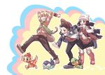  &gt;_&lt; 2boys alternate_costume bag beanie black_hair blonde_hair chimchar closed_eyes coat gen_4_pokemon green_scarf hair_ornament hairclip hat hikari_(pokemon) hizuki_(hidu_aki) jun_(pokemon) kouki_(pokemon) multiple_boys piplup pokemon pokemon_(creature) pokemon_(game) pokemon_dppt pokemon_platinum scarf tail-tip_fire turtwig white_legwear white_scarf winter_clothes 