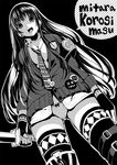  :d argyle attsun_(atsushi_jb) bad_id bad_pixiv_id cardigan fingerless_gloves gloves greyscale monochrome necktie no_pants open_mouth original panties simple_background smile solo sword thighhighs translated underwear weapon 