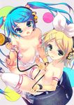  aoi_sora-maru blonde_hair blue_eyes blue_hair breasts colored_eyelashes crotch_rub elbow_gloves gloves hair_ornament hair_ribbon hairclip hatsune_miku highres kagamine_rin long_hair multiple_girls nipples race_queen ribbon short_hair small_breasts thighhighs twintails uncensored vocaloid yuri 