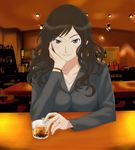  alternate_hairstyle amagami bar bottle brown_hair chin_rest curly_hair drink glass grey_eyes long_hair looking_at_viewer morishima_haruka older smile solo spoilers takemi_kaoru tsurime 