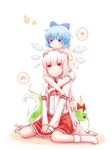  :3 adapted_costume bad_id bad_pixiv_id bloomers blue_eyes blue_hair blush bow carrying cirno ex-keine frilled_skirt frills fujiwara_no_mokou hair_bow hair_ribbon heart highres horns ice kamishirasawa_keine kokotetsu long_hair looking_down looking_up medium_skirt multiple_girls red_eyes red_skirt ribbon shoulder_carry silver_hair sitting skirt smile spoken_blush spoken_heart star sukusuku_hakutaku suspender_skirt suspenders tail topless touhou underwear very_long_hair wariza wings 