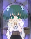  bucket chin_rest green_eyes green_hair hair_bobbles hair_ornament in_bucket in_container jiryuu_(time_tide) kisume short_hair smile solo touhou twintails 