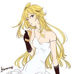  arm_support bad_id bad_pixiv_id bare_shoulders blonde_hair blue_eyes dress drink drinking_straw elbow_gloves gloves head_tilt iwamoto_zerogo long_hair magami_series off_shoulder signature simple_background solo 