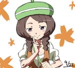  bad_id bad_pixiv_id bel_(pokemon) bel_(pokemon)_(cosplay) braid brown_hair cosplay hat highres inazuma_eleven_(series) inazuma_eleven_go kiryu_manzoku pokemon purple_eyes smile solo twin_braids yamana_akane 