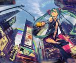  &gt;_&lt; 1boy 2girls america american_flag aqua_hair bag black_skirt blonde_hair bow building city cityscape closed_eyes cloud day el-zheng handbag hatsune_miku kagamine_len kagamine_rin landmark long_hair megurine_luka miniskirt multiple_girls new_york pleated_skirt rainbow real_world_location shirtless shorts skirt skyscraper takoluka thighhighs times_square twintails vest vocaloid 