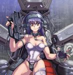  bare_shoulders bob_cut bracelet brown_eyes cable cockpit collar cyberpunk cyborg fingerless_gloves ghost_in_the_shell ghost_in_the_shell_stand_alone_complex gloves gun hairband headphones highres jewelry kusanagi_motoko leotard purple_hair science_fiction short_hair solo submachine_gun thighhighs weapon yuusuke_(5yusuke3) 