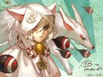  animal_ears axis04 bell blue_eyes ears_through_headwear ema fox fox_ears hood hood_up male_focus original solo striped white_hair 