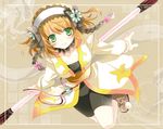  bad_id bad_pixiv_id bike_shorts braid brown_background brown_hair coat flower green_eyes hair_flower hair_ornament hairband leia_rolando rod shoes short_hair smile solo sumomo_(peach-breath) tales_of_(series) tales_of_xillia 