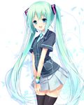  aqua_hair ashishun black_legwear blue_eyes blush dress_shirt hatsune_miku headset long_hair miniskirt necktie pleated_skirt shirt skirt smile solo standing thighhighs twintails v_arms very_long_hair vocaloid white_skirt wristband zettai_ryouiki 