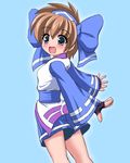  :d ainu_clothes aqua_background blue_eyes blue_shorts blush brown_hair fingerless_gloves gloves hair_ribbon hairband happy md5_mismatch open_mouth ribbon rimururu samurai_spirits short_hair shorts smile solo yaeba 