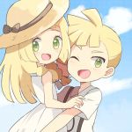  1girl bare_shoulders black_bow blonde_hair blue_sky blush bow braid brother_and_sister child cloud creatures_(company) day dress flat_chest game_freak gladio_(pokemon) green_eyes happy hat hat_bow hug light_blush lillie_(pokemon) long_hair looking_at_viewer looking_back looking_to_the_side mei_(maysroom) nintendo one_eye_closed open_mouth outdoors pokemon pokemon_(anime) pokemon_sm_(anime) shirt short_sleeves siblings sky sleeveless sleeveless_dress smile sun_hat tied_hair twin_braids upper_body white_dress white_shirt wink yellow_hat younger 