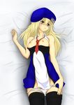  akinajp blazblue blonde_hair blush breasts green_eyes highres long_hair long_hat lying nipples noel_vermillion on_back panties panty_pull solo thighhighs underwear white_panties 