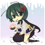  adapted_costume alternate_costume ant antennae bad_id bad_pixiv_id black_legwear blue_skirt bow bug cape deyuyama doughnut dripping eating food frilled_skirt frills green_eyes green_hair hair_bow insect miniskirt pocky riding short_hair skirt solo touhou wriggle_nightbug 