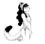 black_and_white black_hair breasts cat clothed clothing feline female hair mammal monochrome nipples panties piercing plain_background profile side_view skimpy solo standing target_(artist) topless underwear white_background 