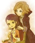  1girl anthony_herzen black_hair blonde_hair chair couple green_eyes hetero jewelry necklace professor_layton putting_on_jewelry sitting smile sophia_(professor_layton) yukihiko 