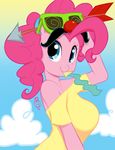  anthro anthrofied arrow big_breasts blue_eyes breasts clothed clothing cloud clouds cute equine eyewear facial_hair female friendship_is_magic fur glass glasses hair horse humor long_hair looking_at_viewer mammal miu mustache my_little_pony pink_body pink_fur pink_hair pinkie_pie_(mlp) pinup pony pose smile solo 