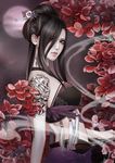  absurdres bare_shoulders black_hair cloud earrings hair_ornament hair_up highres jewelry jian_xia_qing_yuan jian_xia_qing_yuan_online_3 leaf lips long_hair midriff moon nose_piercing official_art piercing solo tattoo tree zhang_xiaobai 