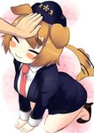  :3 all_fours animal_ears blue_skirt blush_stickers closed_eyes dog_ears eyebrows female_service_cap formal gigokku hands hat high_heels highres kaiten_muten-maru kneeling komai_(kaiten_muten-maru) miniskirt necktie out_of_frame pencil_skirt pet_play petting police police_uniform policewoman shoes skirt skirt_suit solo_focus suit tail tail_wagging thick_eyebrows uniform 