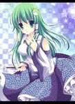  bad_id bad_pixiv_id checkered checkered_background detached_sleeves dress frog gohei green_eyes green_hair hair_ornament highres kochiya_sanae letterboxed long_hair muku_(apupop) smile snake solo touhou 