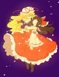  blonde_hair boots bow carrying cherry_blossoms closed_eyes detached_sleeves dress frilled_dress frills hair_bow hair_tubes hakurei_reimu hat hat_bow holding long_hair meeko multiple_girls petals purple_background purple_dress red_dress simple_background touhou unconscious very_long_hair yakumo_yukari 
