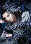  absurdres bamboo bird black_hair blue_eyes chinese_clothes hair_ornament hanfu highres jian_xia_qing_yuan jian_xia_qing_yuan_online_3 leaf lips male_focus official_art solo tree zhang_xiaobai 