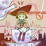  alternate_costume boots bow cup green_eyes green_hair hat heart highres in_container in_cup itomugi-kun komeiji_koishi minigirl smile solo symbol-shaped_pupils third_eye touhou 