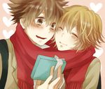  1girl artist_request blush brown_eyes brown_hair closed_eyes couple gift hetero holding holding_gift katekyo_hitman_reborn! red_scarf sasagawa_kyouko sawada_tsunayoshi scarf shared_scarf smile upper_body 