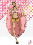  bare_shoulders breasts cleavage collarbone donquixote_doflamingo feather_boa genderswap genderswap_(mtf) highres hips legs lotusmartus medium_breasts navel one_piece pink polka_dot polka_dot_background shorts solo sunglasses walking yellow_eyes 