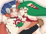  1girl closed_eyes couple feena_(grandia) goggles grandia grandia_i green_hair hakui_ami happy hat hetero hug justin_(grandia) laughing long_hair orange_hair smile 