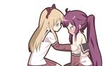  2girls blonde_hair blue_eyes blush bow long_hair pantyhose pink_eyes purple_hair seifuku sugiura_ayano toshinou_kyouko undressing white yuri yuru_yuri 