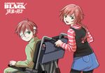 1girl bad_id bad_pixiv_id bandage_over_one_eye bandages black_legwear braid brother_and_sister darker_than_black green_eyes pantyhose red_background red_hair shion_pavlichenko siblings simple_background single_braid suou_pavlichenko twins uisckey wheelchair 