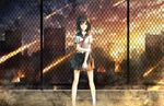  banned_artist bare_legs black_hair chain-link_fence cityscape cloud fence fire holding_arm injury looking_at_viewer meteor original red_eyes rooftop school_uniform seafh serafuku short_hair sky solo standing star_(sky) sunset torn_clothes twilight 