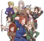  6+girls ^_^ ahoge alternate_hair_color america_(hetalia) american_flag angry arm_up armband arms_behind_head arms_up axis_powers_hetalia bangs belt black_hair blonde_hair blue_eyes blush breasts brown_eyes bun_cover cat china_(hetalia) clenched_hands closed_eyes double_bun flag flat_chest foreshortening france_(hetalia) french_flag frown fur_trim genderswap german_flag germany_(hetalia) gloves green_eyes hair_bun hair_ornament hairband hairclip hand_on_hip happy holding italian_flag jacket japan_(hetalia) japanese_flag katana large_breasts long_hair military military_uniform multiple_girls necktie northern_italy_(hetalia) one_eye_closed open_clothes open_jacket people's_republic_of_china_flag ponytail purple_eyes russia_(hetalia) russian_flag salute sash scarf short_hair siblings simple_background sisters southern_italy_(hetalia) strapless sweat swept_bangs sword tongue tubetop twintails uniform union_jack united_kingdom_(hetalia) wavy_hair weapon 