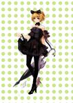  bag bare_shoulders black_legwear black_skirt bow brown_eyes detached_collar hair_bow high_heels layered_skirt looking_at_viewer miniskirt orange_hair original pantyhose polka_dot polka_dot_background pump_(pumpqmuq) shoes short_hair skirt solo 